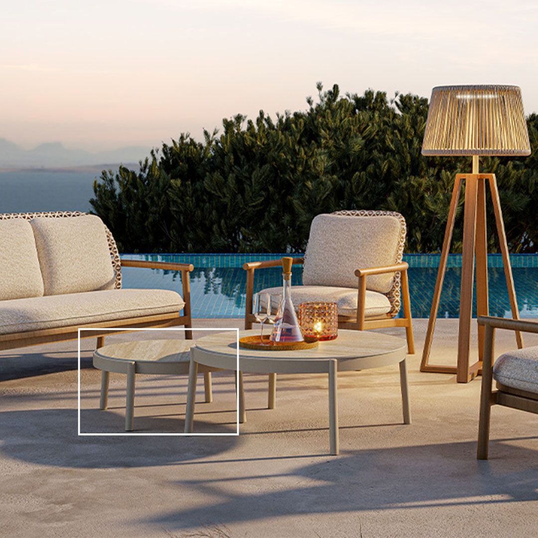 Lille coffee table with ceramic top from Beacon outdoor tables, compact size, modern design, and outdoor-friendly construction.