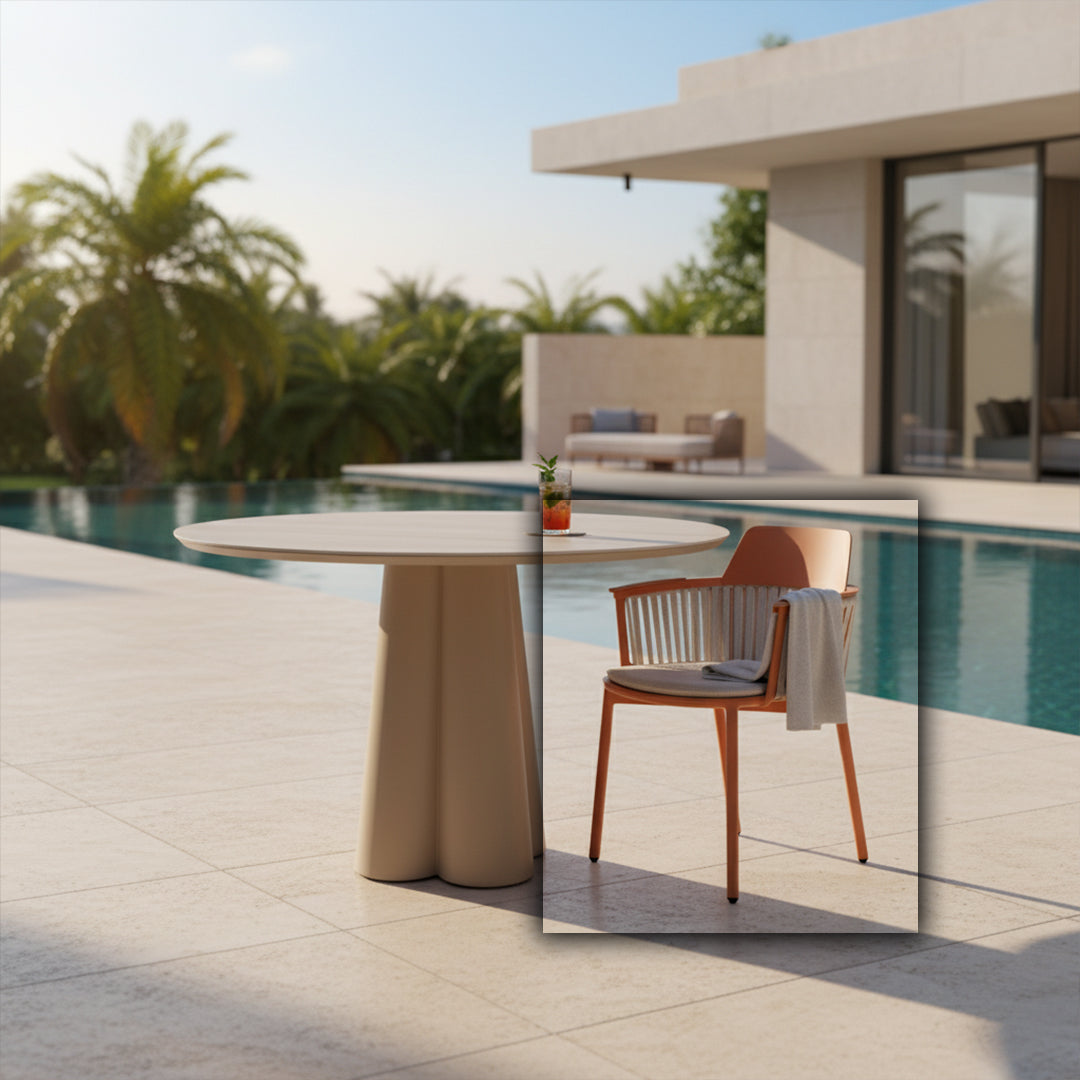 Porto outdoor dining armchair by BEACON with aluminum back and PVC strap, designed for comfortable outdoor seating.