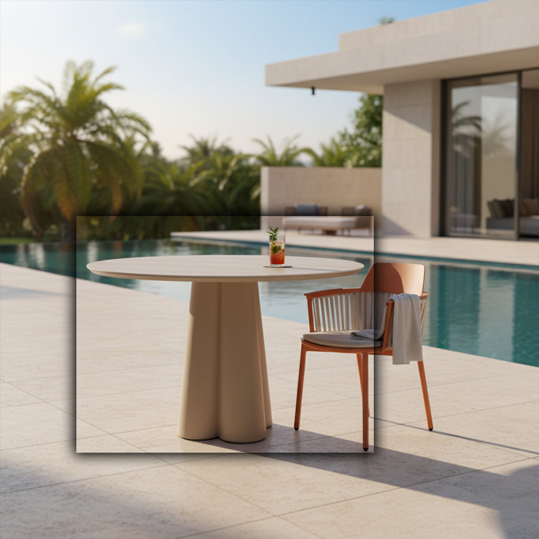 Outdoor Tropica dining table by BEACON with travertine surface, 120cm size, designed for outdoor use and stylish entertaining.