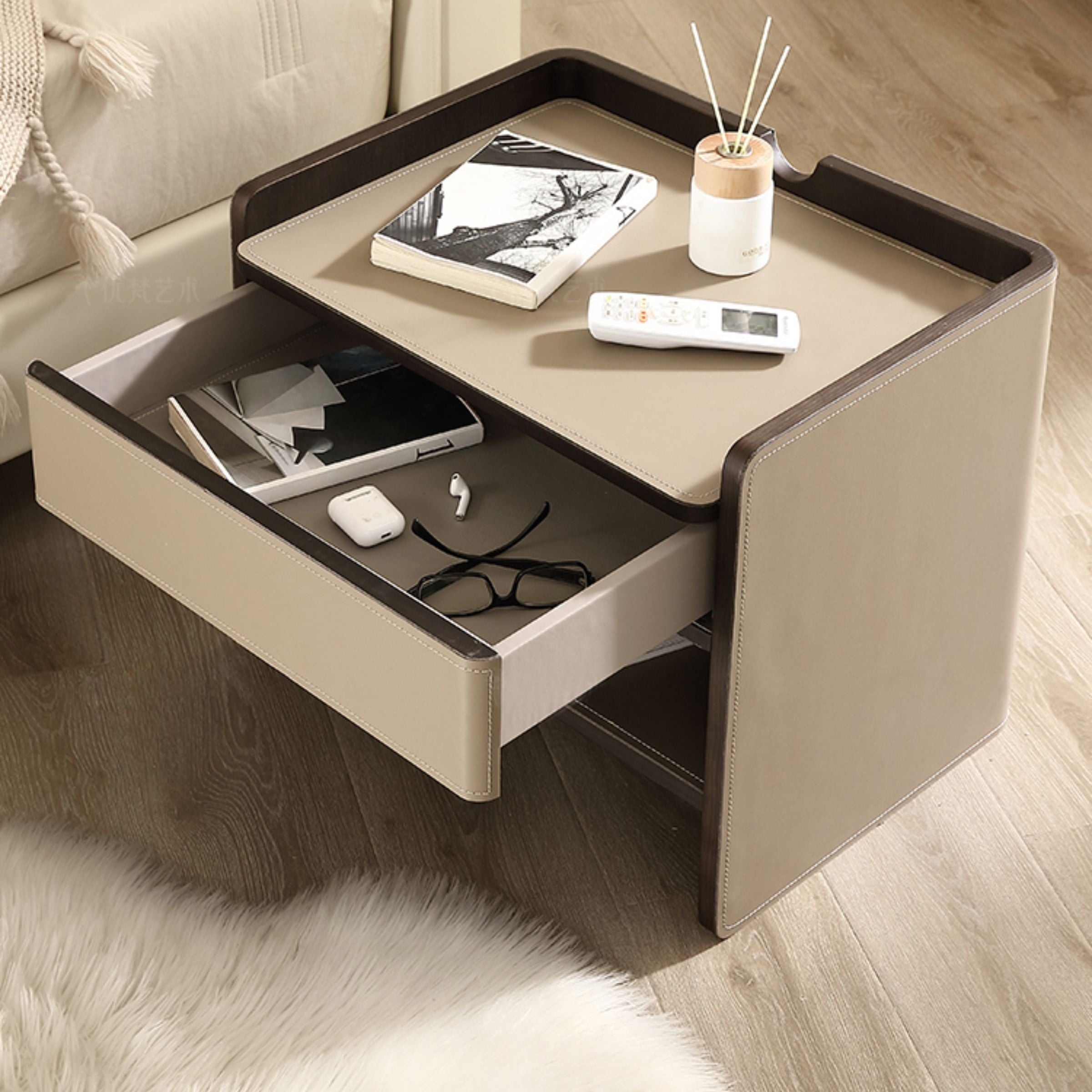 Pre-order 35 Days Delivery Mycroft Saddle Leather Bedside Table MLL-T37 Khaki - Side Tables - ebarza Furniture UAE | Shop Modern Furniture in Abu Dhabi & Dubai - مفروشات ايبازرا في الامارات | تسوق اثاث عصري وديكورات مميزة في دبي وابوظبي