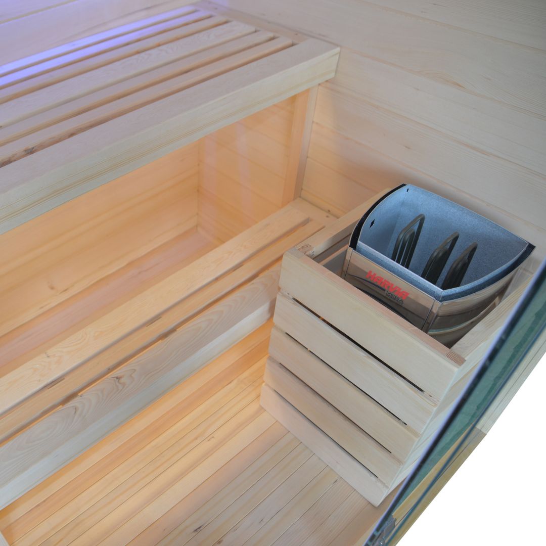 BEACON EBARZA sauna room LM-N02TD, pre-order with 130 days delivery, showcasing the wooden interior and modern design