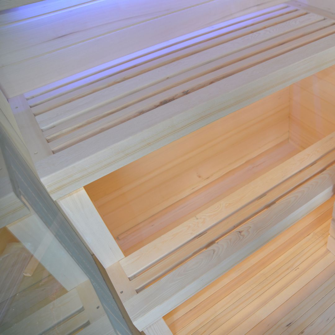 Pre-order BEACON EBARZA sauna room LM-N02TD with 130-day delivery, showcasing the interior with wooden panels and control panel.