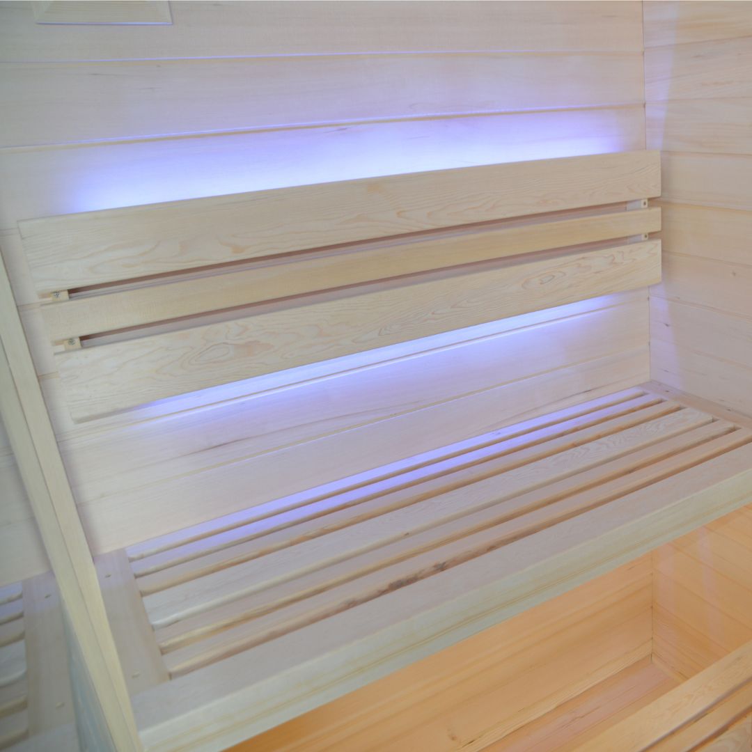Pre-order EBARZA sauna room LM-N02TD by BEACON, featuring a modern indoor sauna with wooden interior and glass door.
