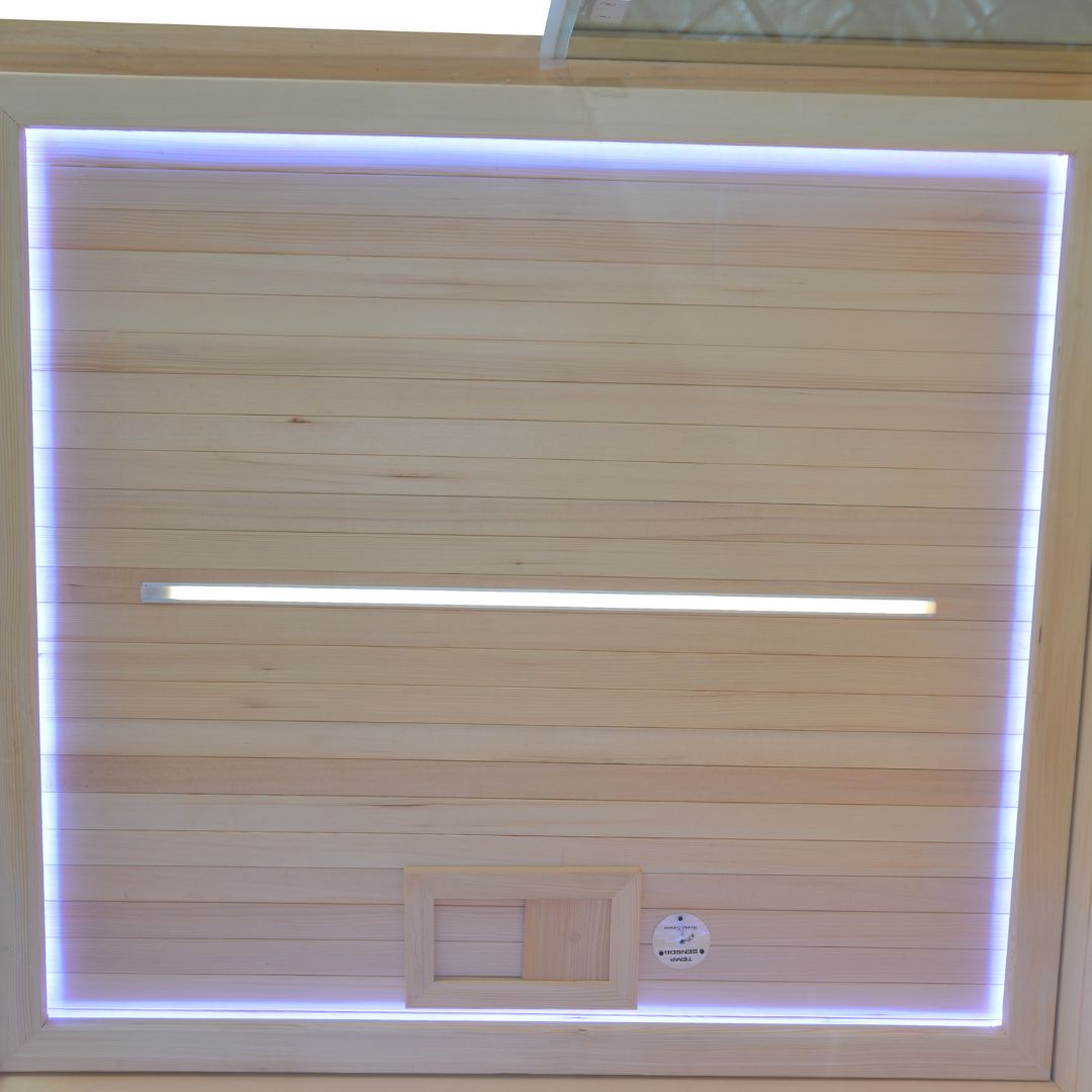 BEACON EBARZA sauna room LM-N02TD with glass panels, wooden interior, for home relaxation and wellness.
