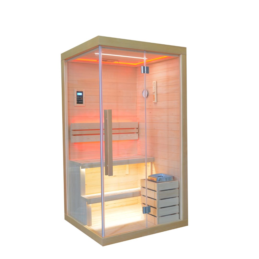 BEACON EBARZA sauna room LM-N02TD with wooden interior and glass door, designed for relaxing sauna sessions.