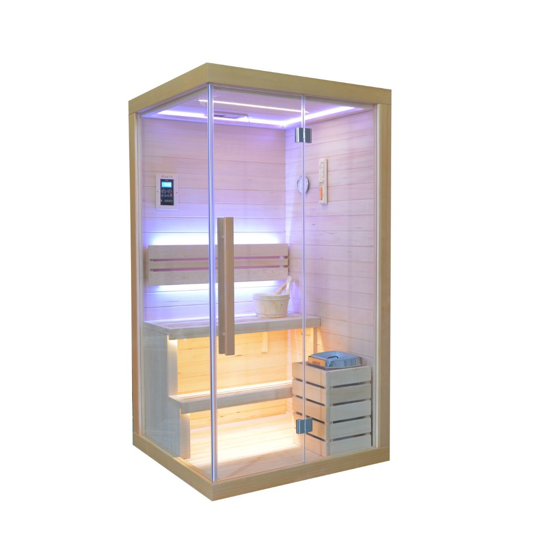 BEACON EBARZA sauna room LM-N02TD, pre-order image showing wooden interior with bench seating and sauna heater in a modern design.