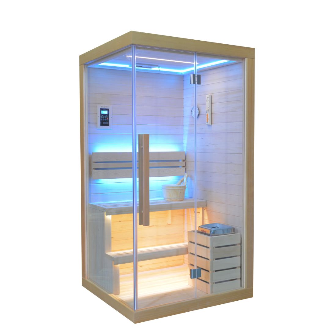 Pre-order BEACON sauna room LM-N02TD with 130 days delivery, featuring wood interior and glass door for a relaxing spa experience.