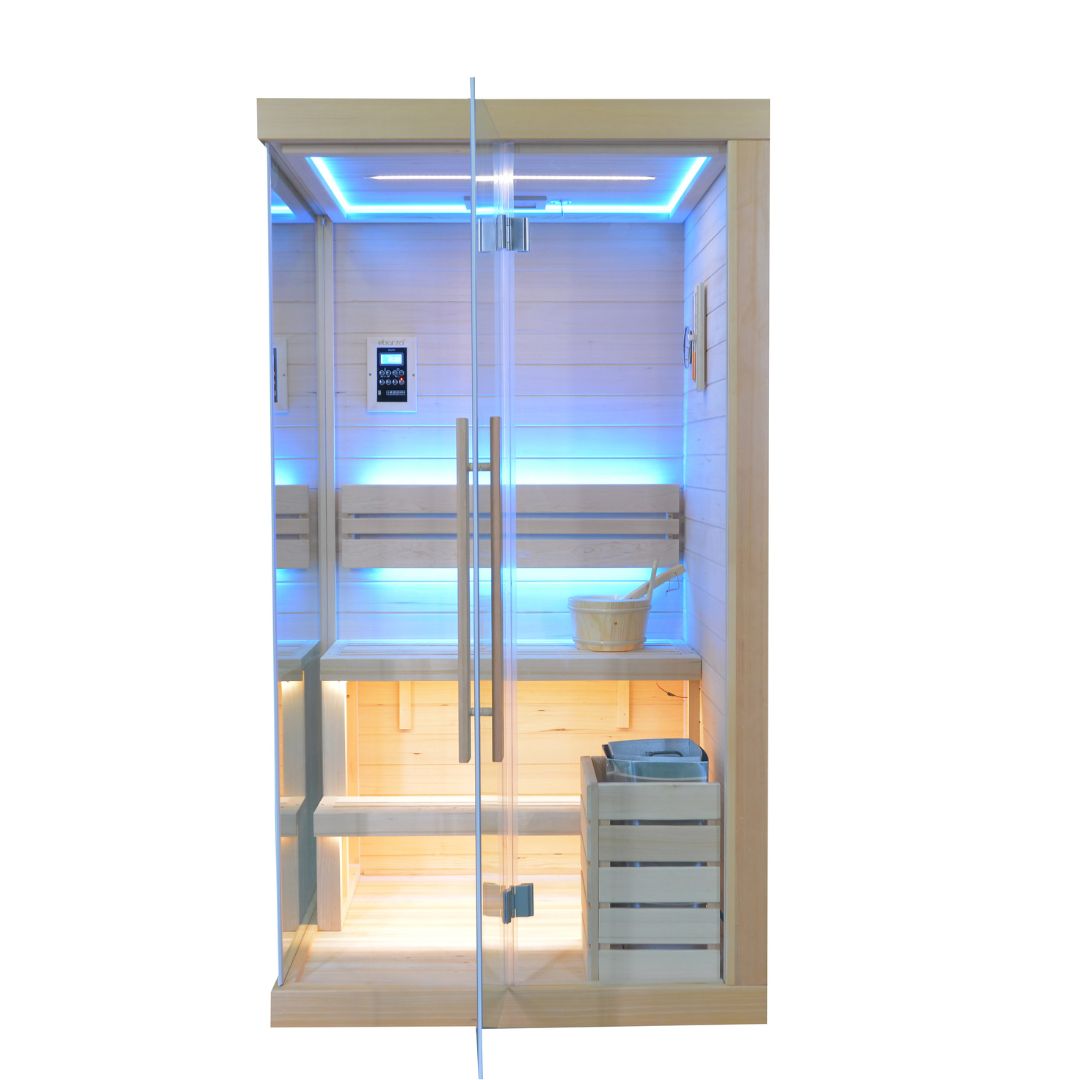 Pre-order BEACON EBARZA sauna room LM-N02TD with 130-day delivery, featuring a sleek design and comfortable interior.