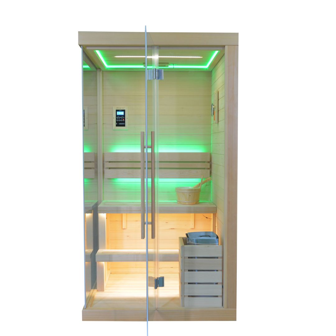 BEACON EBARZA sauna room LM-N02TD, pre-order with 130-day delivery, showcasing a modern interior with wood paneling and glass door.