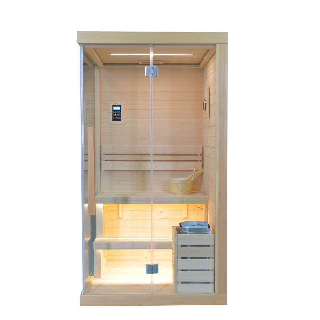 Pre-order EBARZA sauna room LM-N02TD by BEACON, featuring wooden interior and glass door for relaxing home sauna experience.