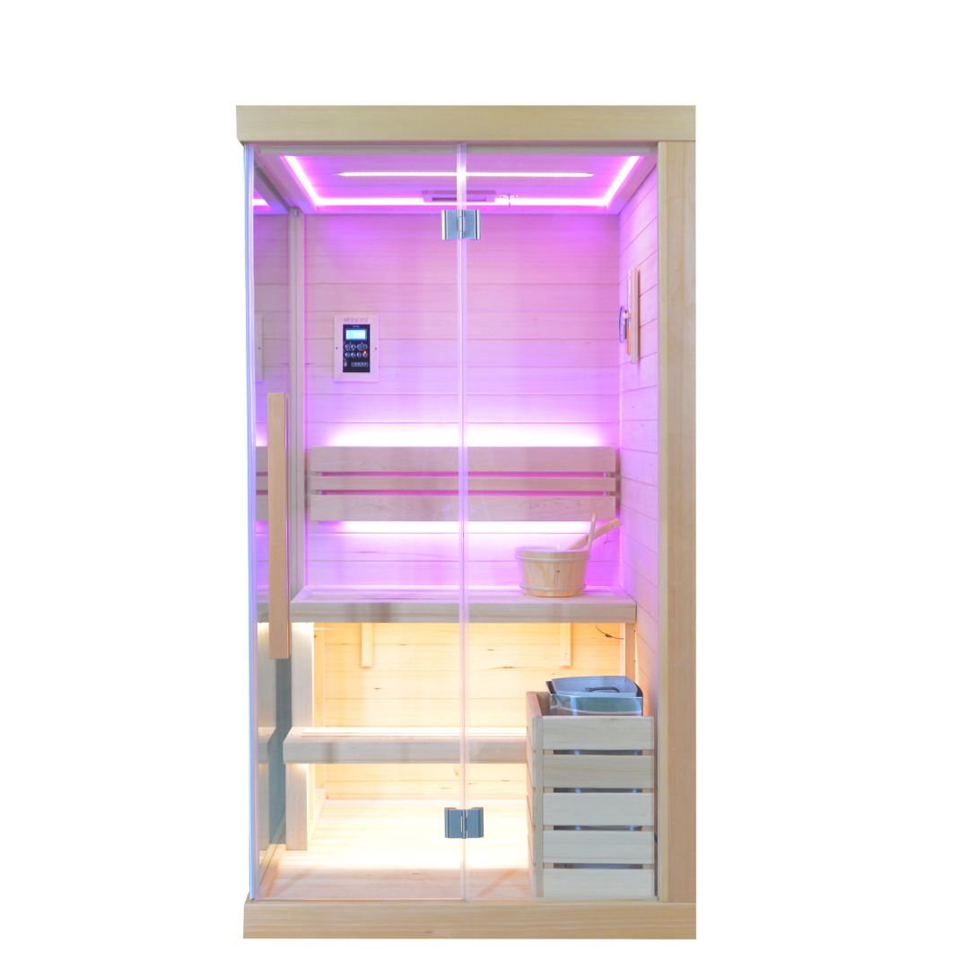 BEACON EBARZA sauna room LM-N02TD with wooden interior, pre-order for 130 days delivery, compact and modern home sauna unit.