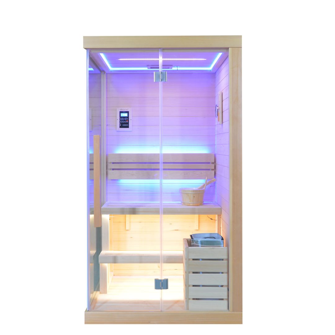 Pre-order BEACON EBARZA sauna room LM-N02TD with 130 days delivery, showcasing the wooden interior and glass door.