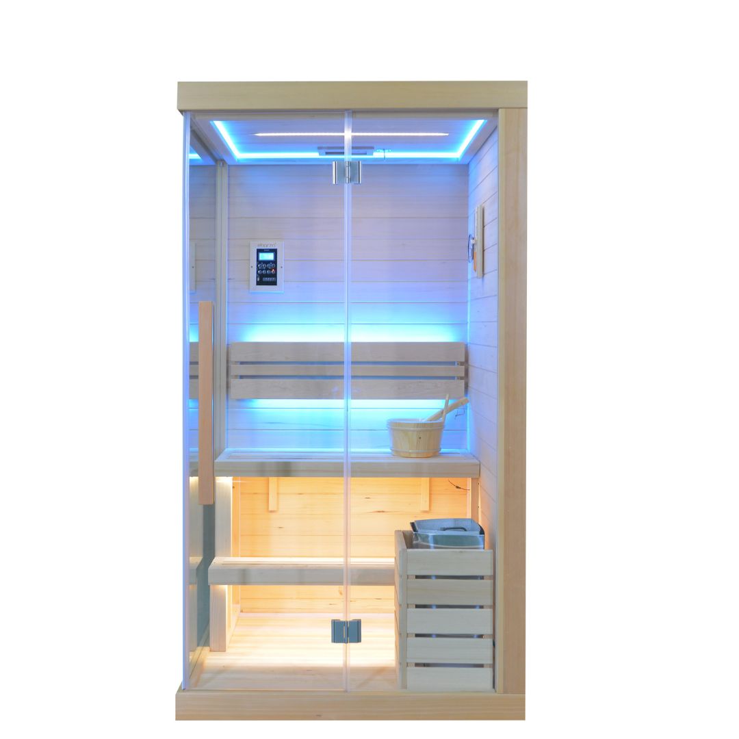BEACON EBARZA sauna room LM-N02TD, pre-order with 130-day delivery, showcasing the wooden interior and door design.