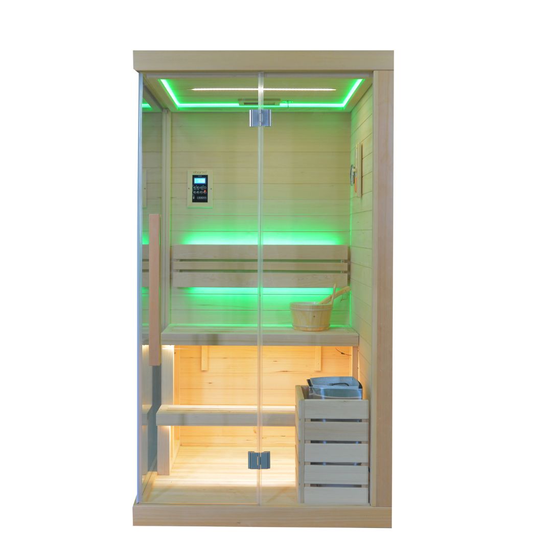 BEACON EBARZA sauna room LM-N02TD with glass doors and wooden interior, designed for home spa relaxation.