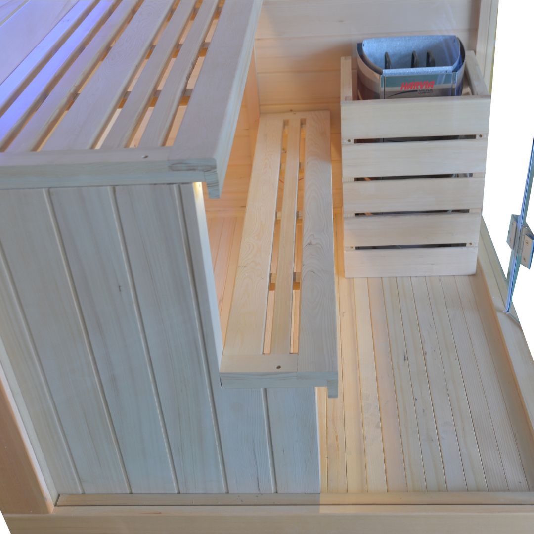 BEACON EBARZA sauna room LM-N02TD, pre-order with 130 days delivery, showcasing the wooden interior and door design.