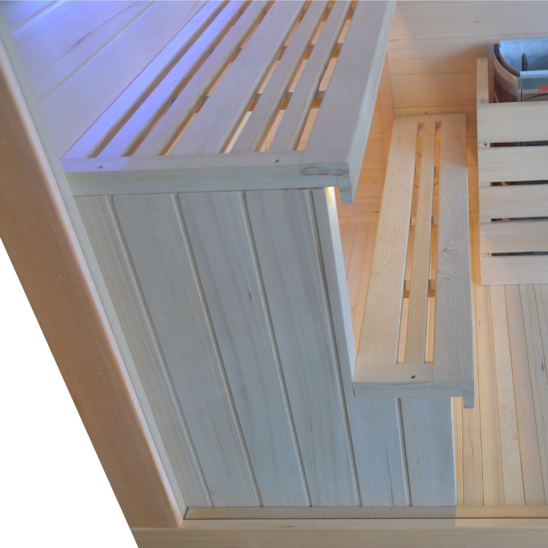 Pre-order BEACON EBARZA sauna room LM-N02TD with 130-day delivery, showcasing the spacious, modern design and interior features.