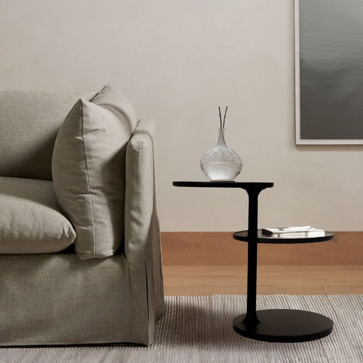Merla Eclipse solid wood side table with metal base by BEACON, featuring a sleek, modern design for living room or bedroom use.