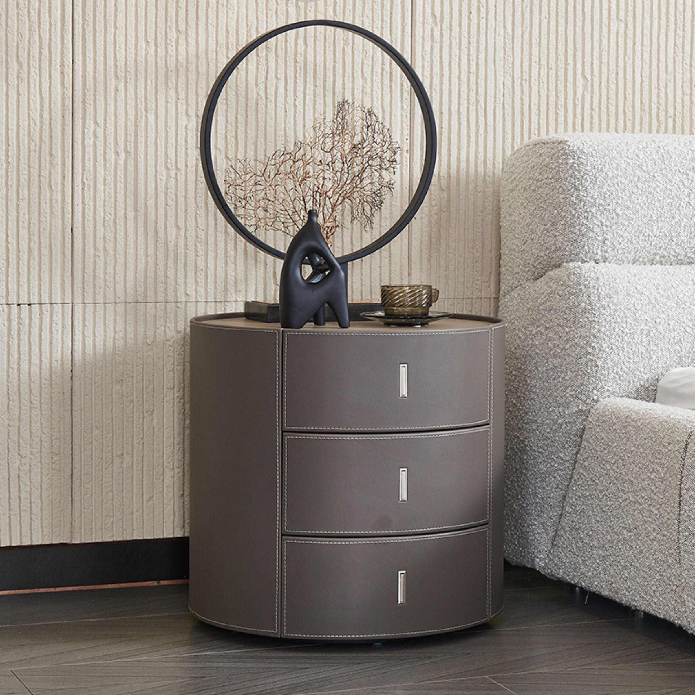 Pre-order 35 Days Delivery - Verona Grey Walnut Veneer Saddle Leather Cabinet MLL-T98 - Side Tables - ebarza Furniture UAE | Shop Modern Furniture in Abu Dhabi & Dubai - مفروشات ايبازرا في الامارات | تسوق اثاث عصري وديكورات مميزة في دبي وابوظبي