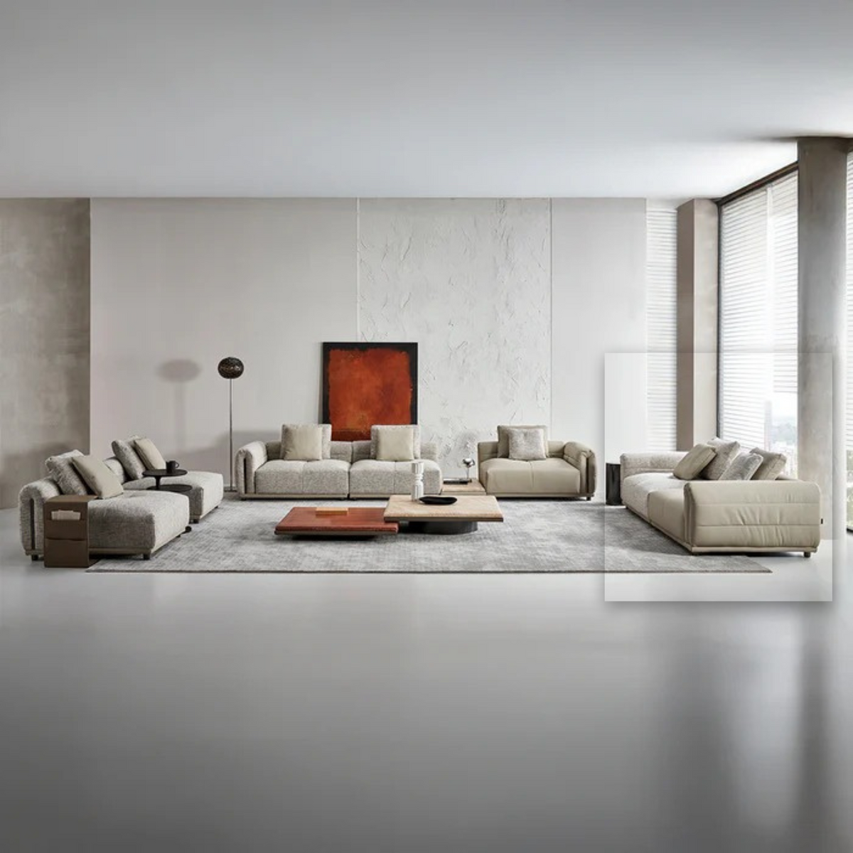BEACON Quadro 2-seater sofa in neutral fabric with plush cushions, modern design, and wooden legs.
