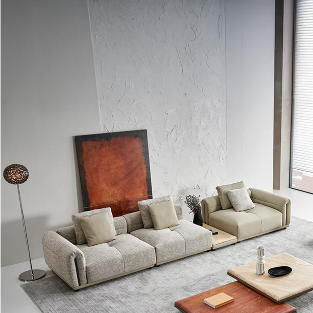 BEACON Quadro 4-seater sofa in modern fabric with plush cushions and wooden legs, designed for stylish living rooms.