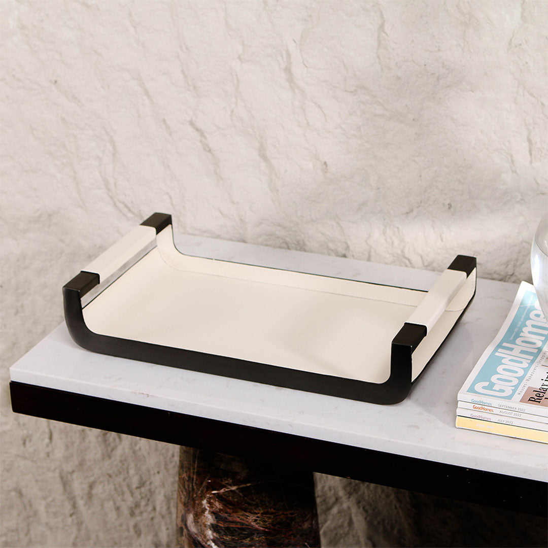 Rectangular leather tray from BEACON home decor figurines collection, showcasing a stylish leather surface and sleek design.
