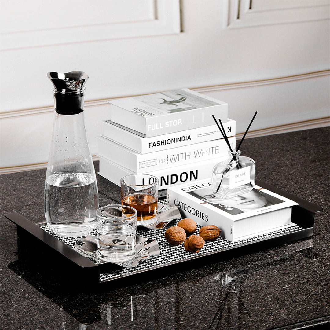 Rectangular Weaven leather tray from BEACON home decor figurines, showcasing a stylish leather tray with woven design.