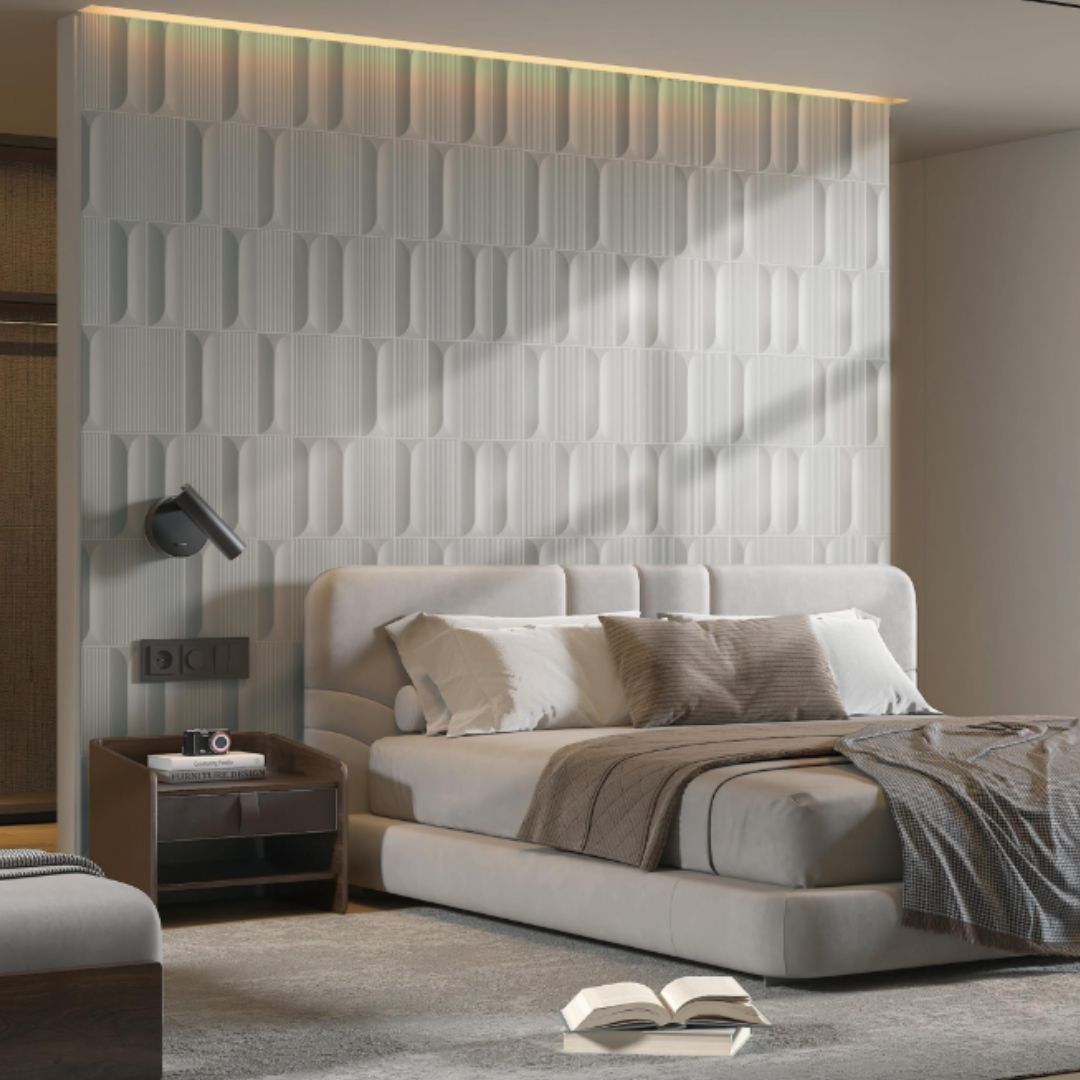 BEACON rhythmic arch fabric wallpaper with a flowing, abstract pattern in soft tones, suitable for modern interior decor.