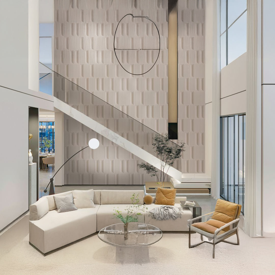 BEACON rhythmic arch fabric wallpaper with a flowing, wave-like pattern in neutral tones, suitable for modern interior decor.