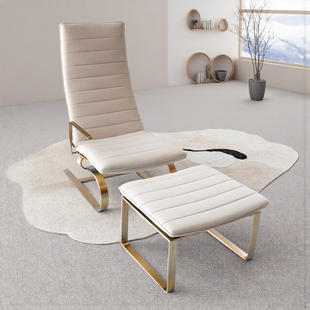 Beige right arm lounge chair with matching ottoman by BEACON, modern design, soft upholstery, and sturdy wooden legs.