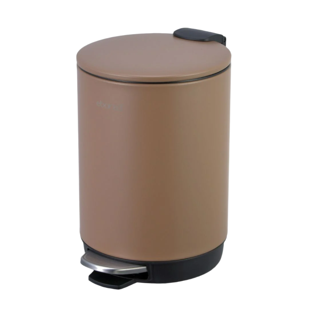 Brown round high basement step trash can from BEACON, bathroom accessory with a foot pedal and compact design.