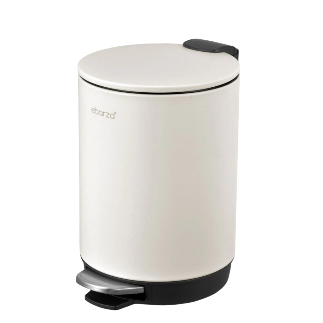 Cream round high basement step trash can by BEACON, bathroom accessory with foot pedal and sleek design.