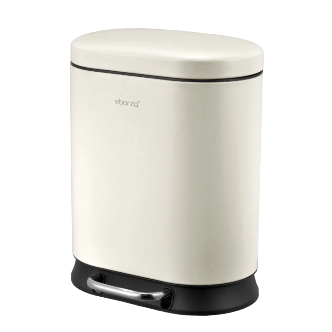Runway shape soft-close trash can in black for bathroom accessories, designed by BEACON with 5-liter capacity.