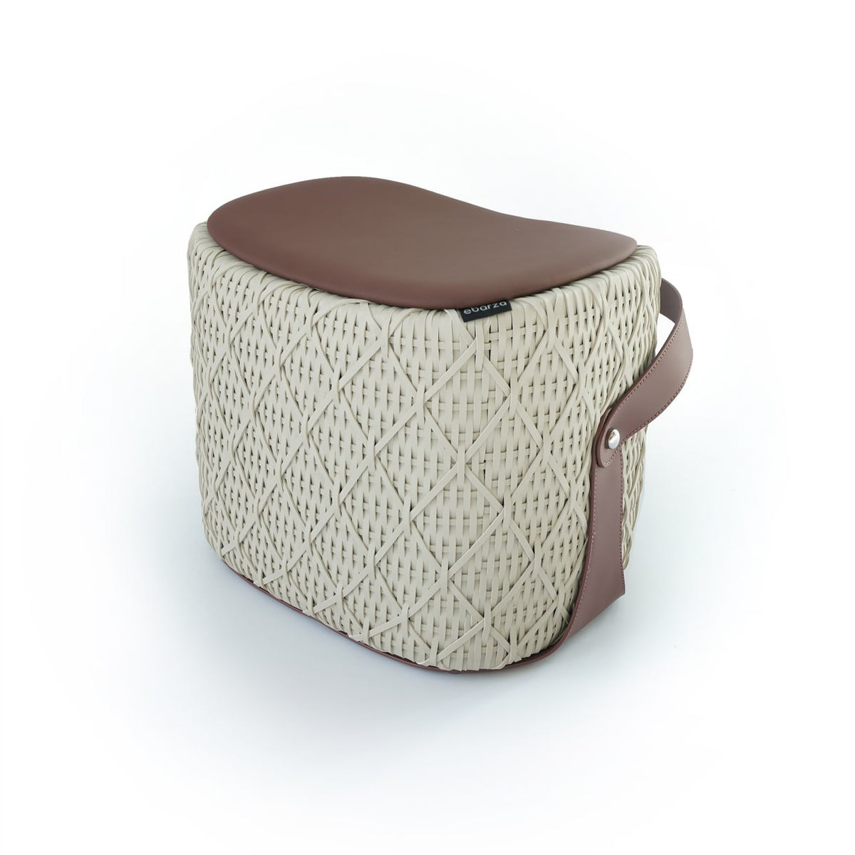Beige saddle leather Ottoman pouf by BEACON, featuring a sturdy, stylish design perfect for living room or lounge decor.