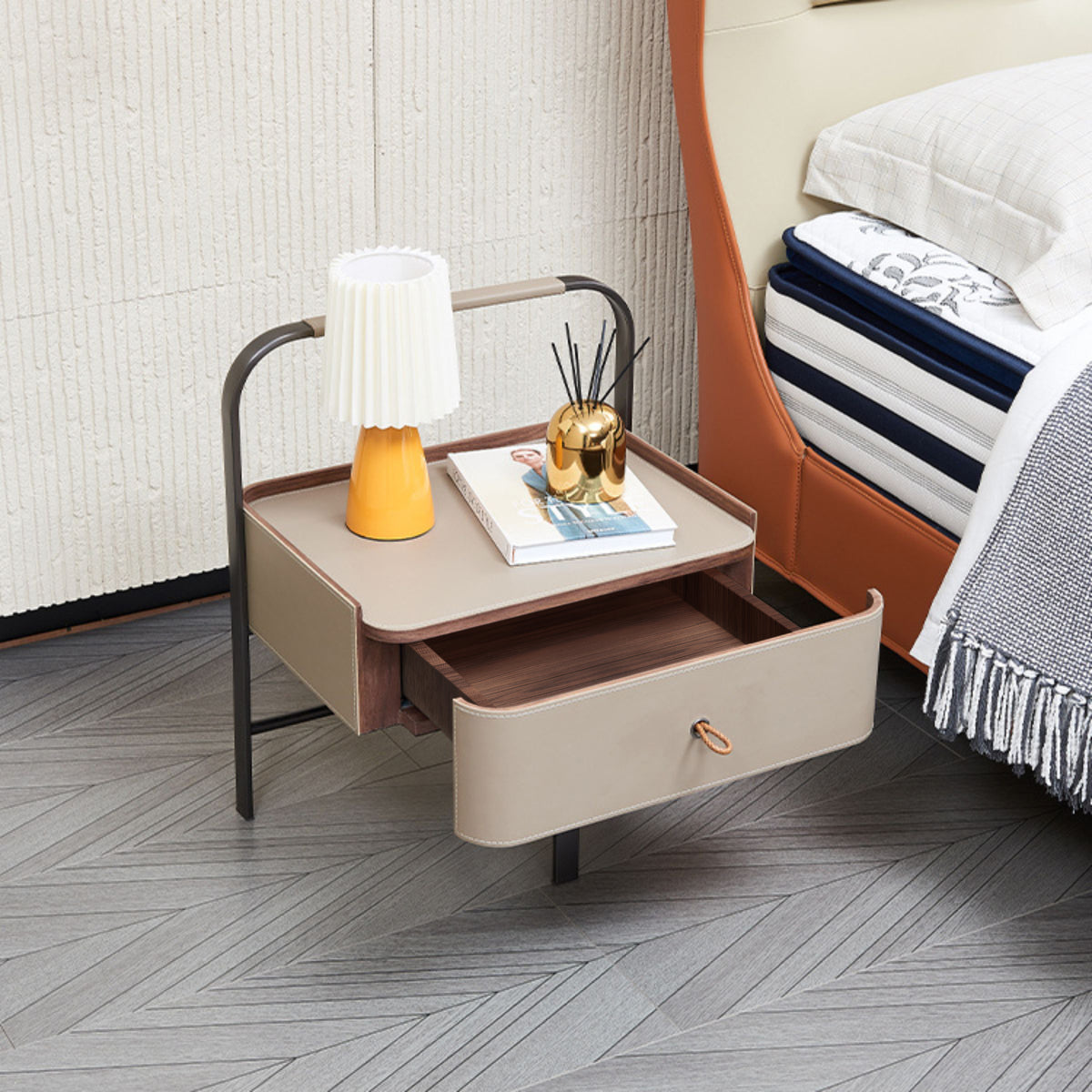 BEACON saddle leather side table MLL-E10 with sleek design and rounded edges, perfect for modern living spaces.