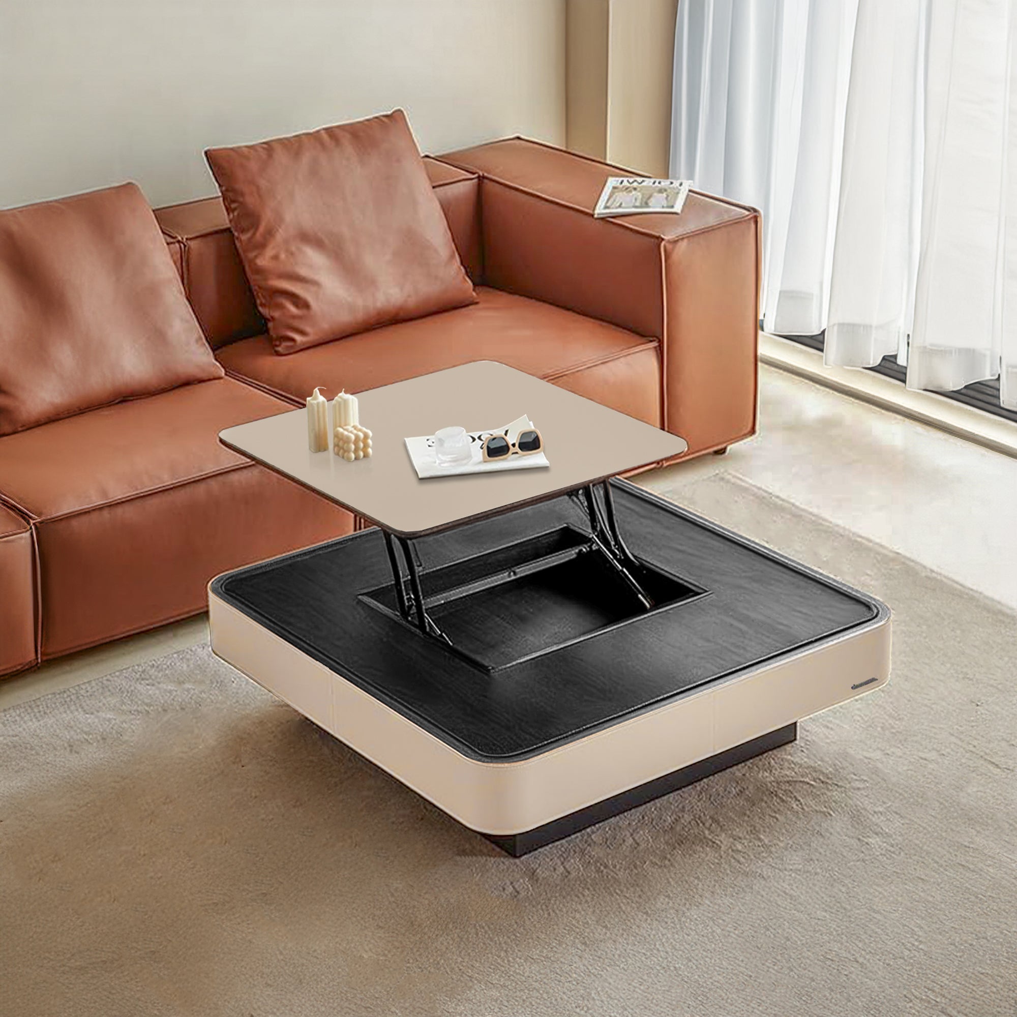 Saddle leather veneer coffee table with wooden legs from BEACON, modern design, smooth surface, and sleek finish.