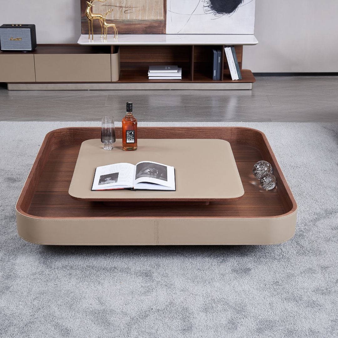 BEACON Saddle Leather Veneer Coffee Table MLL-D129 with sleek wood finish, modern design, and sturdy legs for living room decor.
