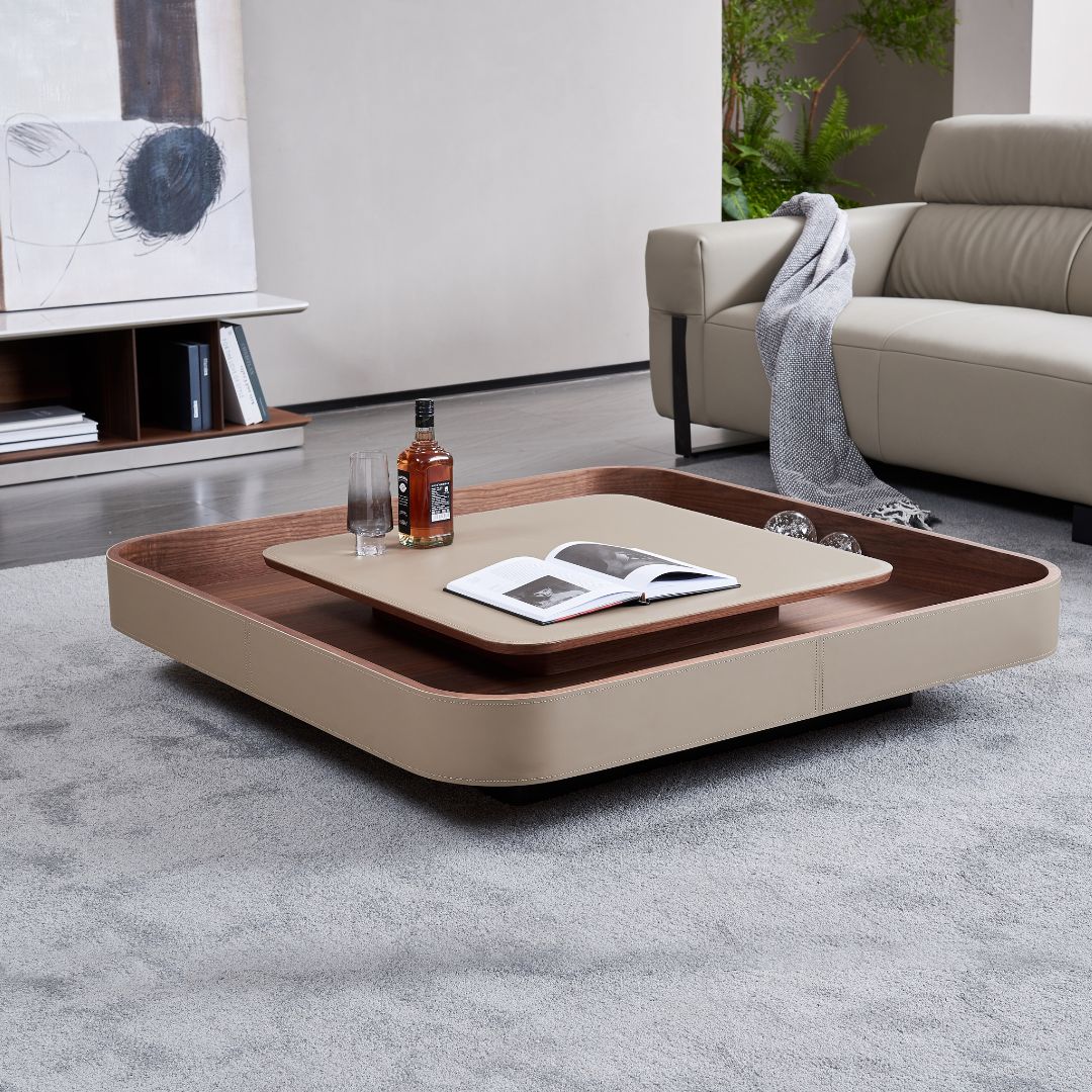 Saddle leather veneer coffee table by BEACON with a modern design, featuring a smooth surface and sturdy legs.