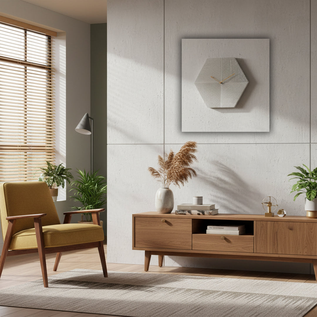 BEACON Sahara Hexagon Wall Clock WCF234 with a modern geometric design, featuring a beige and gold finish on a wooden wall.