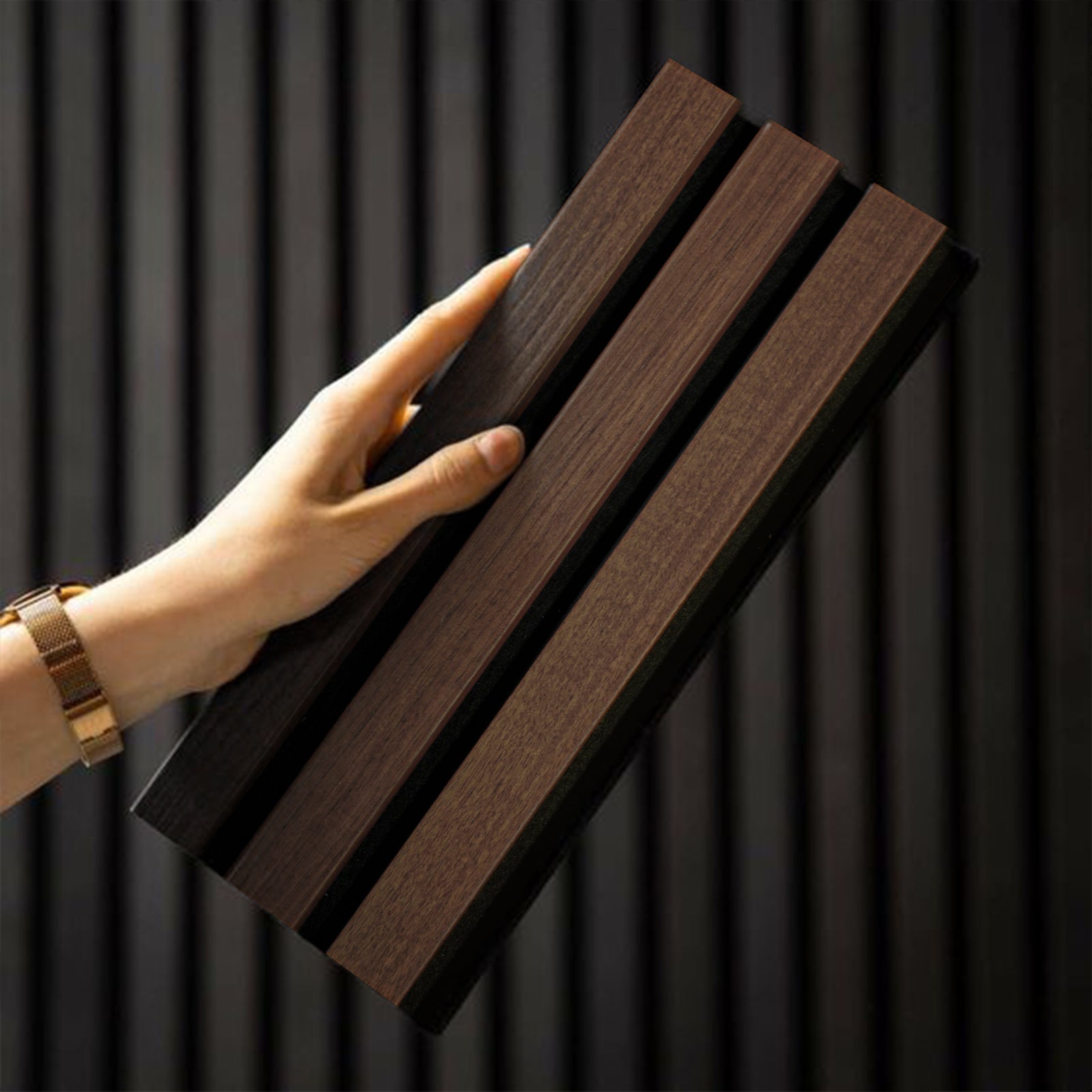 Sample of Slat Acoustic Panel 35-15mm Fire Retardant 14x28cm SMOKED-OAKED -Sample - Wall panels samples - ebarza Furniture UAE | Shop Modern Furniture in Abu Dhabi & Dubai - مفروشات ايبازرا في الامارات | تسوق اثاث عصري وديكورات مميزة في دبي وابوظبي