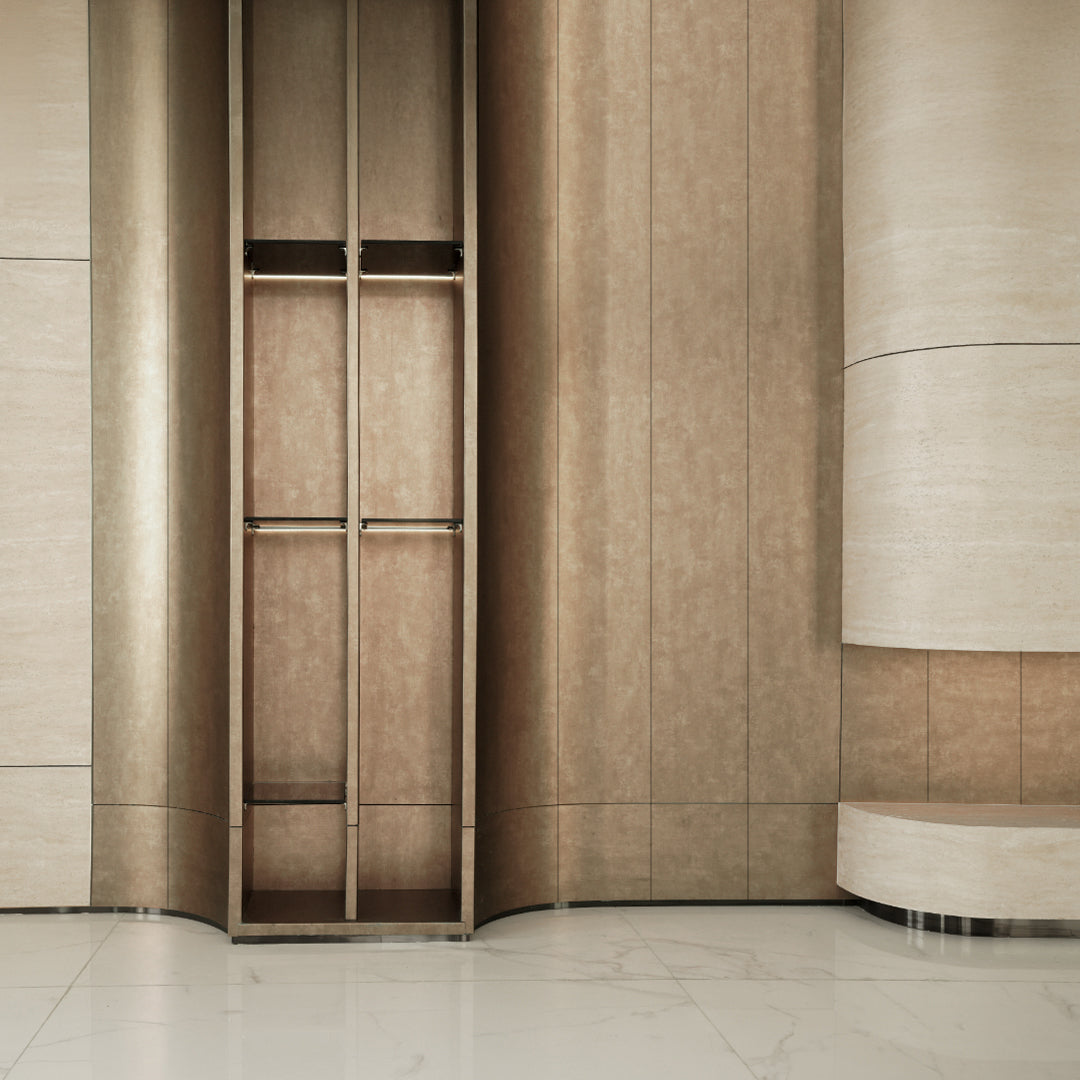 WPC wall panel sample in coffee brown with 4-side wrapped design, 350x24cm, by BEACON for versatile wall decoration.