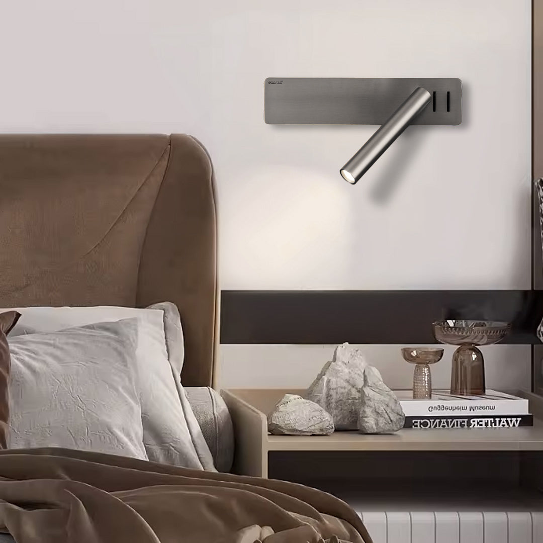 Seed Hotel Style Wall Reading Lamp by BEACON, mounted on headboard, featuring sleek design and adjustable lighting.