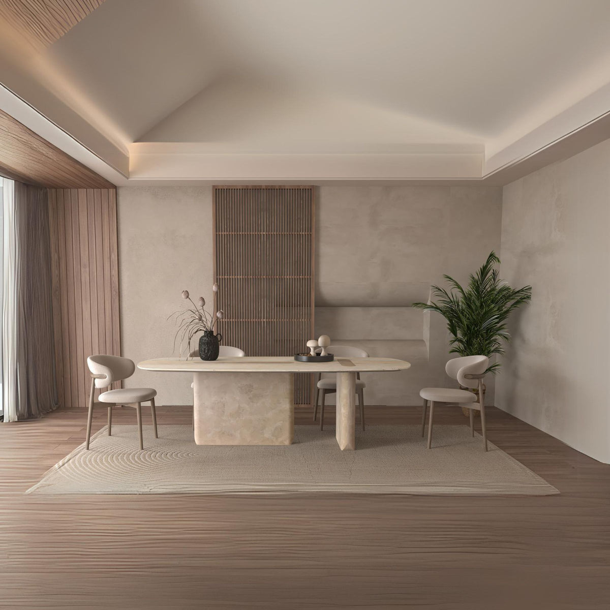 Semi-shiny silver travertine dining table by A2STONE, featuring a sleek, modern design for elegant dining spaces.