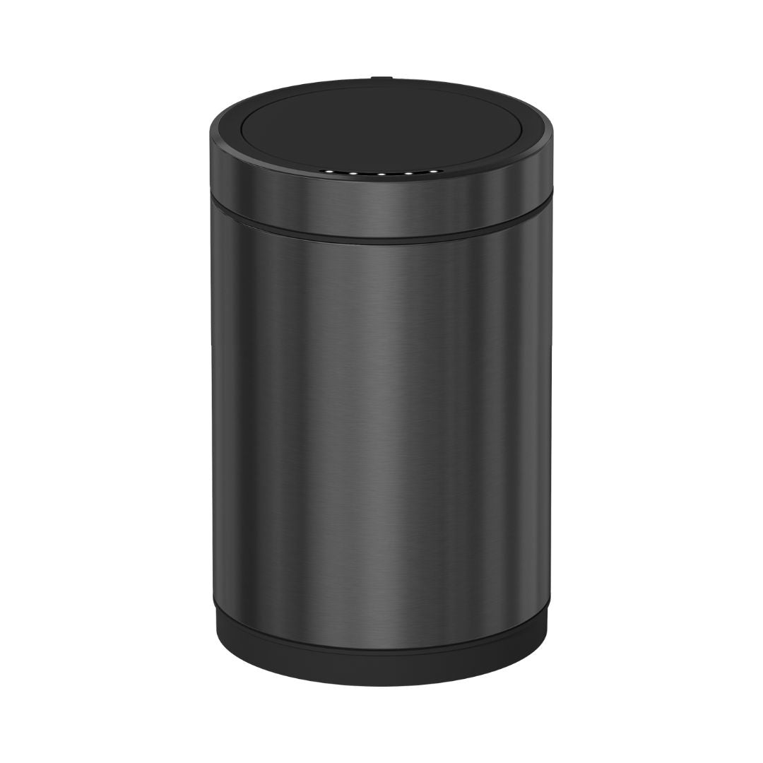 Sensor brushed black trash bin by BEACON, model JH-8822-BLCK, with sleek design and automatic sensor opening.