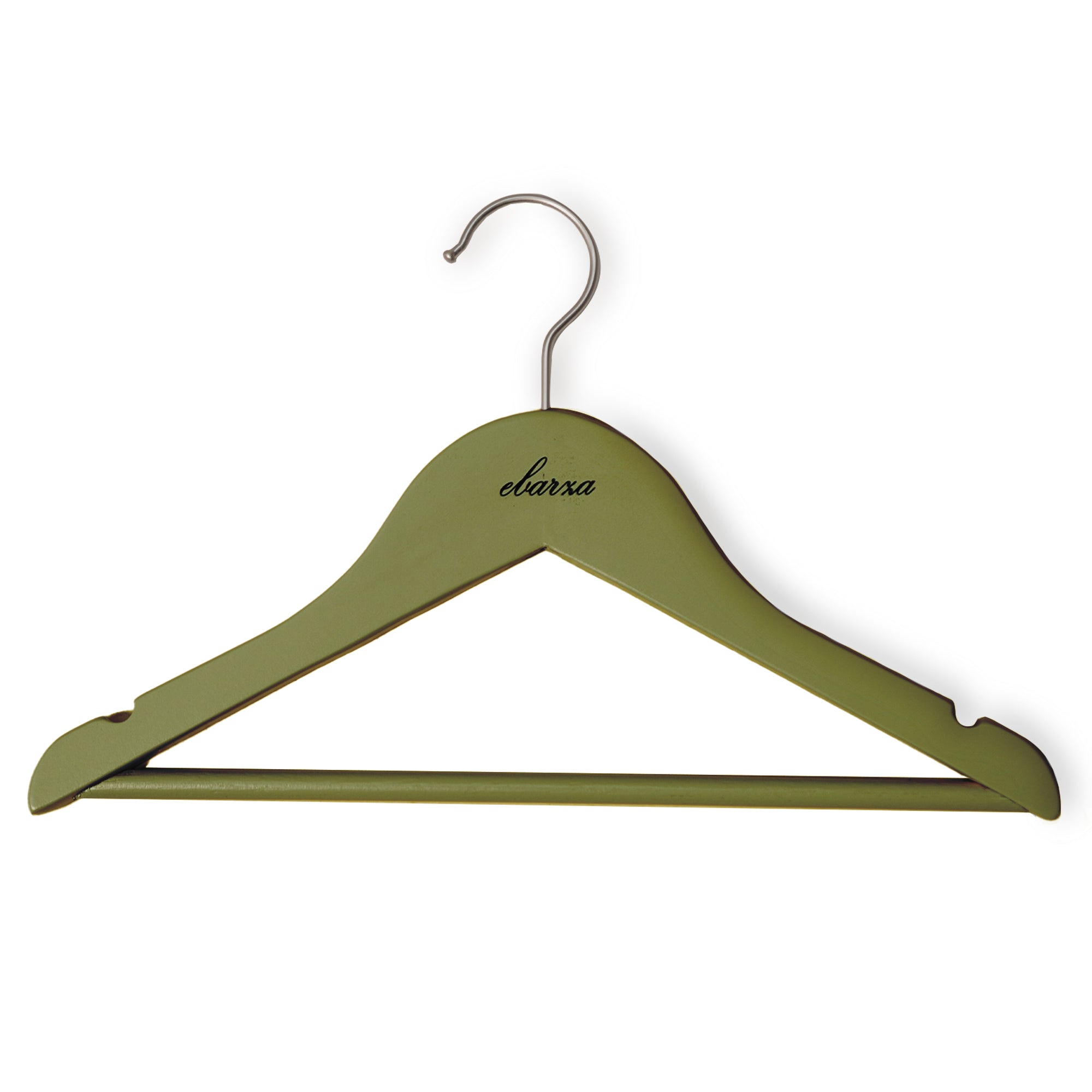 Set of 3 Lotus Wood kids hangers with olive green finish, designed by BEACON, for children's clothing storage.