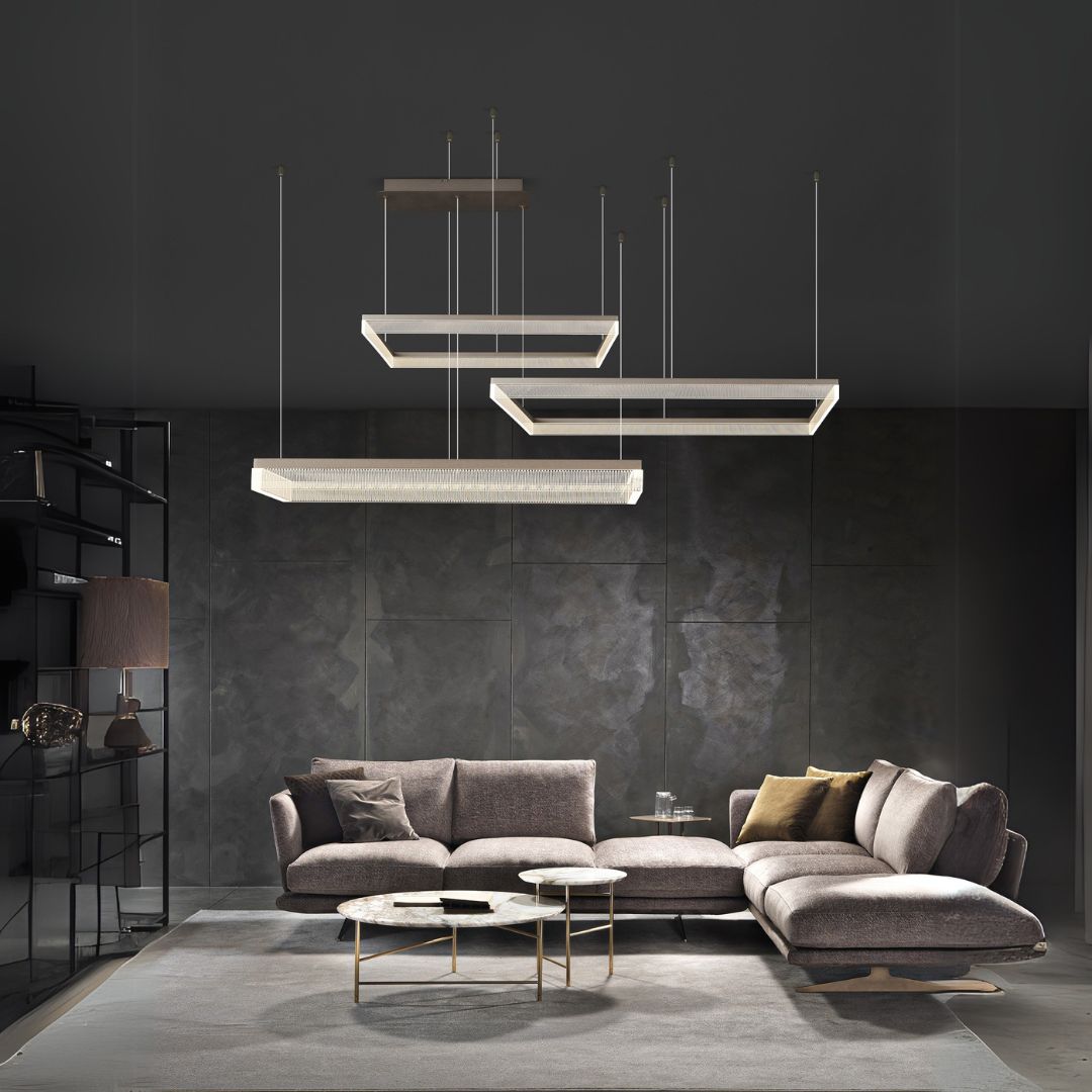 Set of 3 BEACON Lustro glass pendant lamps with sleek, modern design, hanging fixtures with clear glass shades.