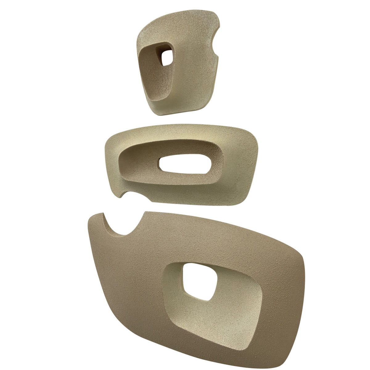 Set of 3 wood carving sandstone artworks by BEACON, featuring detailed carved designs on natural sandstone surfaces.