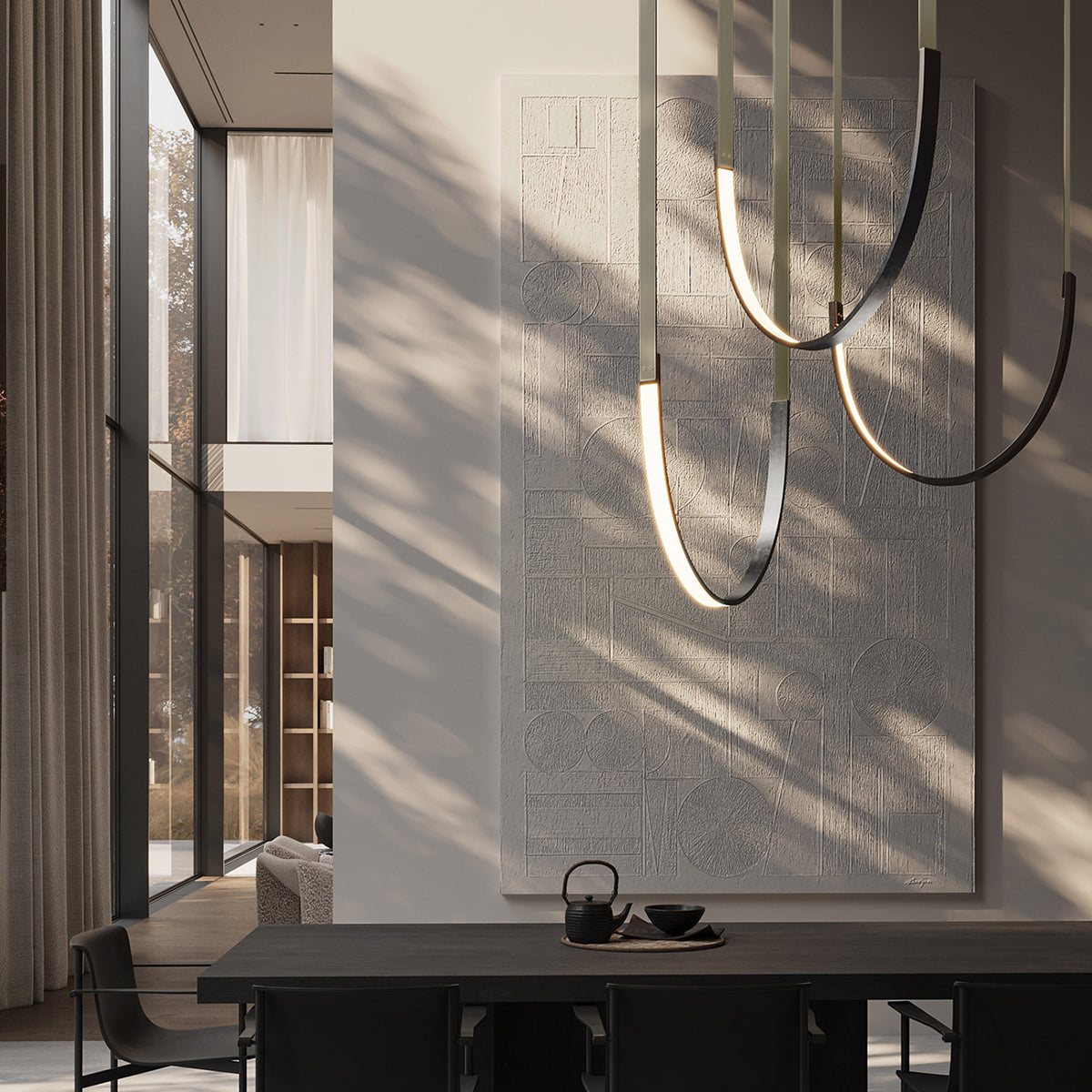 Set of three BEACON leather curve pendant lamps with catenary design, featuring sleek, modern pendant lighting for contemporary spaces.