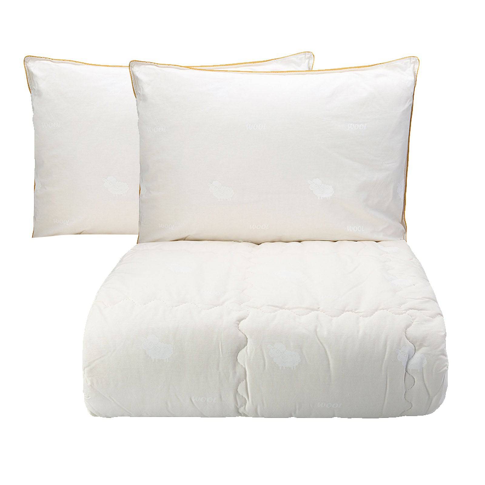 Set of double wool quilt and two wool pillows from Pamuk Yogran, bedding by KARACA and KARACA HOME, in natural fabric.