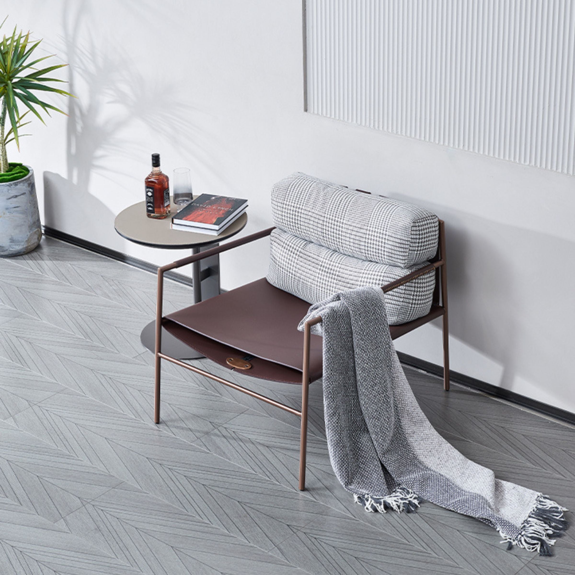 BEACON Sicily Lounge Chair MLL-A95 in light gray-brown upholstery, modern design, cushioned seating with wooden legs.