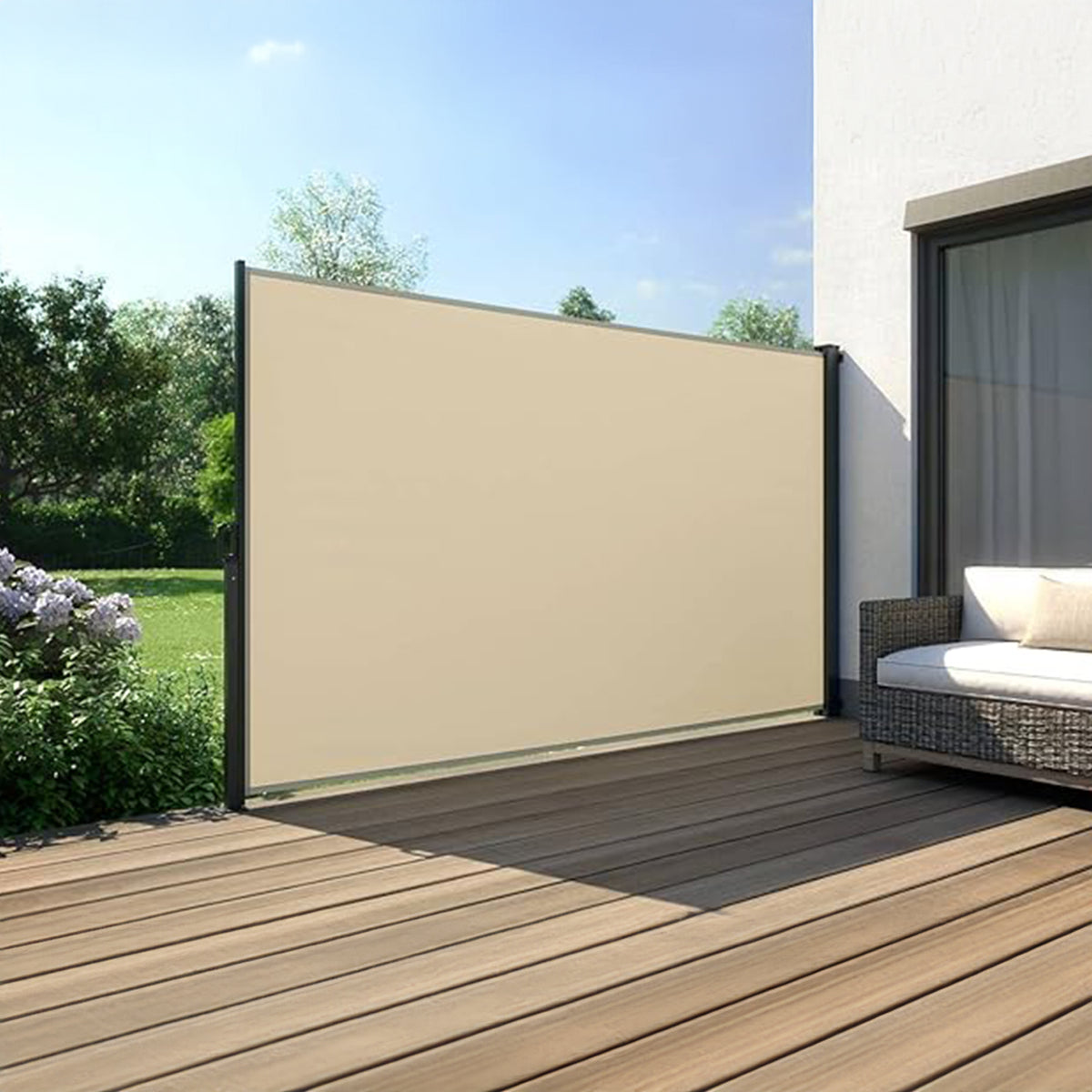 BEACON Single Side Awning 1830 used as partition, showing fabric material and side installation details.
